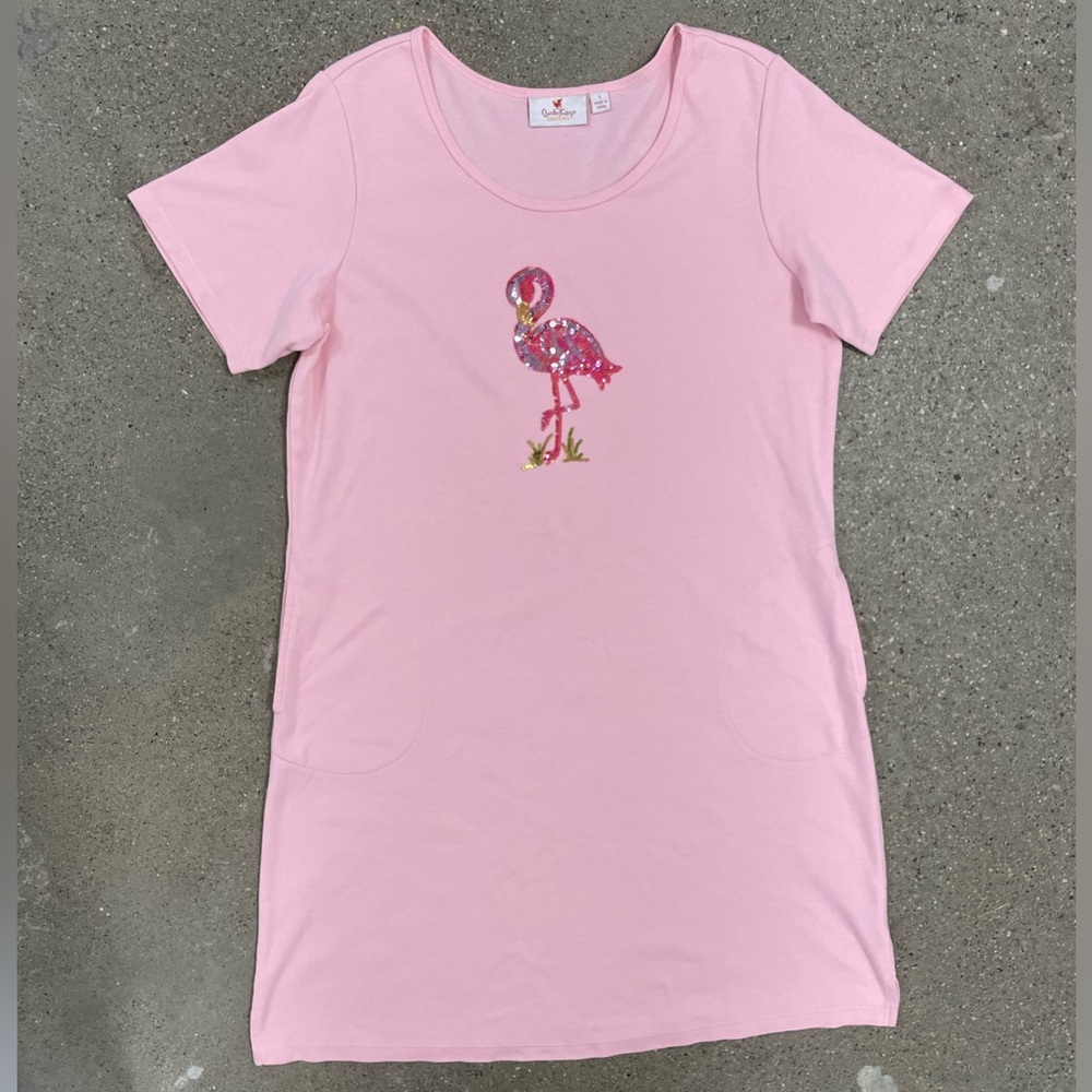 Sequin Flamingo long T-shirt nightgown nighty Vintage Quacker Factory size Large